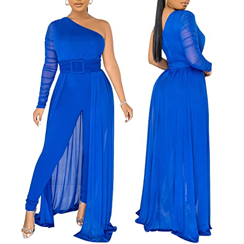 Zoctuo Women's Sexy Elegant One Shoulder Long Sleeve Belted Bodycon Jumpsuits With Mesh Skirt Overlay(5675,Blue,L) #TOP1