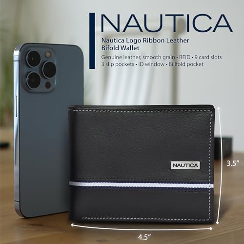 Image of Nautica Men's Bifold Leather Wallet | RFID Blocking | ID Window | Card Slots | Organization | Durable | Stylish