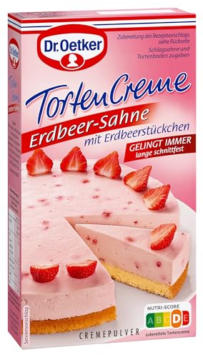 Dr. Oetker Erdbeer-Sahne Tortencreme, 113 g, Cremepulver für Tortencreme mit gefriergetrockneten Erdbeerstücken und Erdbeerpulver, gelingsichere Zubereitung von Tortenkreationen
