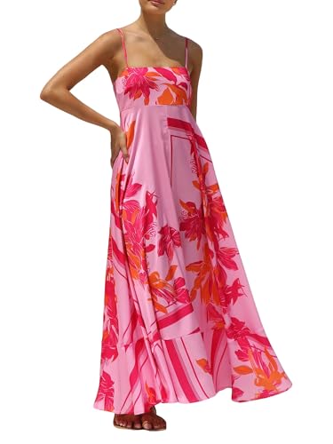 vewoza - Maxi abito estivo da donna, stile bohémien, prendisole con stampa carina, linea ad A, per feste, con spalline sottili, S