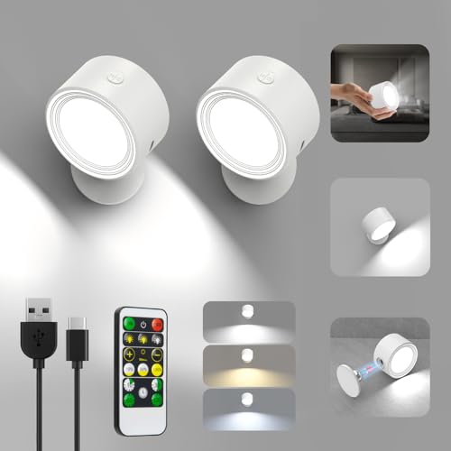 Image of Racokky LED Wall Lights 2 Pcs with Remote, Wall Sconces Lamp 3000mAh Rechargeable Battery Operated, 3 Color Temperatures & Dimmable Magnetic 360 Rotation Cordless Light for Bedroom Reading(White)