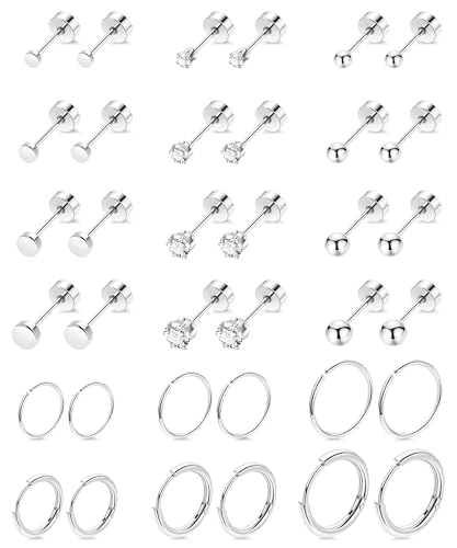 REVOLIA 18Pairs 20G 18K Gold-Plated Surgical Steel Flat Back Stud Earrings for Women Men Small Tiny Cartilage Earrings Stud for Multiple Piercing Cartilage Helix Hoop Earrings Silver