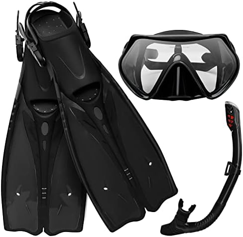 Snorkel Set for Adults Snorkeling Packages Gear for Men Adjustable Long Scuba Fins / Flippers + Panoramic View Anti-Leak Diving Mask + Dry Top Snorkel (‎M/L:(US Men:7-10;US Women:8-11), Black)