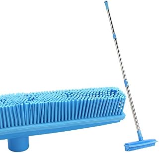Lanhope Push Broom Rubber Bristles Sweeper Squeegee Edge with 51 inch Adjustable Long Handle Non Scratch Bristle, Indoor Outdoor Broom for Pet Cat Dog Hair Carpet Hardwood Tile Windows Cleaning (Blue)