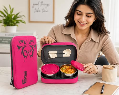 Image of Healthy Lunch Box with Insulated Bag | 2 Containers (2 Stainless Steel) | Leak Proof, Food Grade, Rust Proof Tiffin Box for Office, School & Daily Use || Multiple Colour