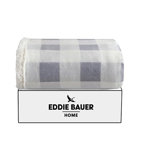 Image of Eddie Bauer - Throw Blanket, Brushed Fleece & Plush Sherpa Soft Blanket, Throw Blanket for Couch & Bed (Mountain Plaid Chrome Grey, 50 inch x 60 inch)