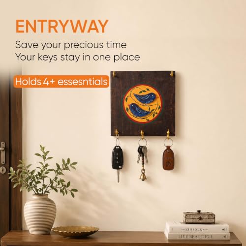 Image of AAKRITI ART CREATIONS Key Holder, Love Birds Key Holder with Key Hangers | Rustic Wooden Wall Organizer with 5 Hooks | New Home Gifts | Multifunctional Entryway Decor Item