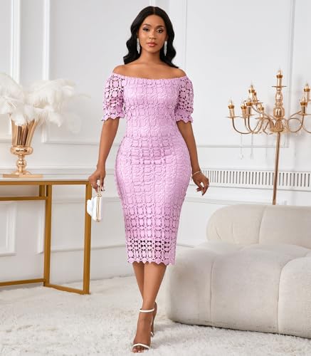 Image of Cololura Elegant Sexy Floral Lace Short Sleeve Off Shoulder Evening Gown Party Formal Bodycon Midi Dress