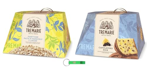 Tre Marie Panettone Pasta de almendras y limón + chispas de chocolate y crema Paquete de prueba de pastel de Navidad italiano 1 x 850 g + 1 x 830 g + llavero Beni Culinari gratis