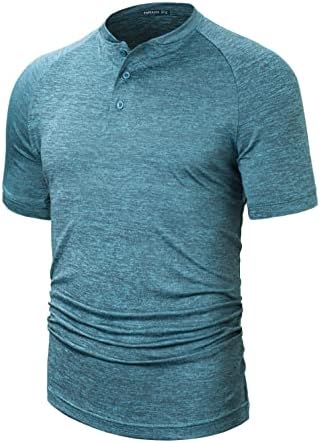 TAPULCO Men's Summer Golf Shirts Henley V Neck Dry Fit Performance Solid Color Breathable Mesh Heathered Button Athletic Polyester T-Shirt Blue Green XX-Large