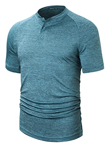 Tapulco Men's Summer Golf Shirts Henley V Neck Dry Fit Performance Solid Color Breathable Mesh Heathered Button Athletic Polyester T-Shirt Blue Green Xx-Large #TOP7