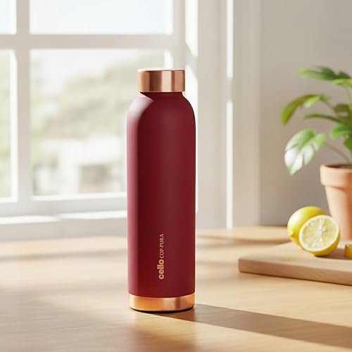 Image of CELLO Evita Copper Water Bottle For Daily & Office Use 700 ml, Red | Leakproof & Rustproof ISI Certified Single Wall 100% Pure Copper Promotes Immunity, Improve Digestion & Supports Healthy Living
