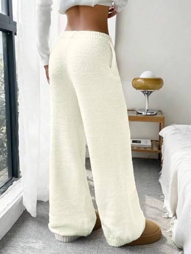 Image of ZAFUL Women's Fuzzy Plush Pajama Pants Wide Leg Pj Bottoms Lounge Pants | Soft Fluffy Sleep Pants Drawstring Elastic Waist Teddy Pjs for Women No Pockets