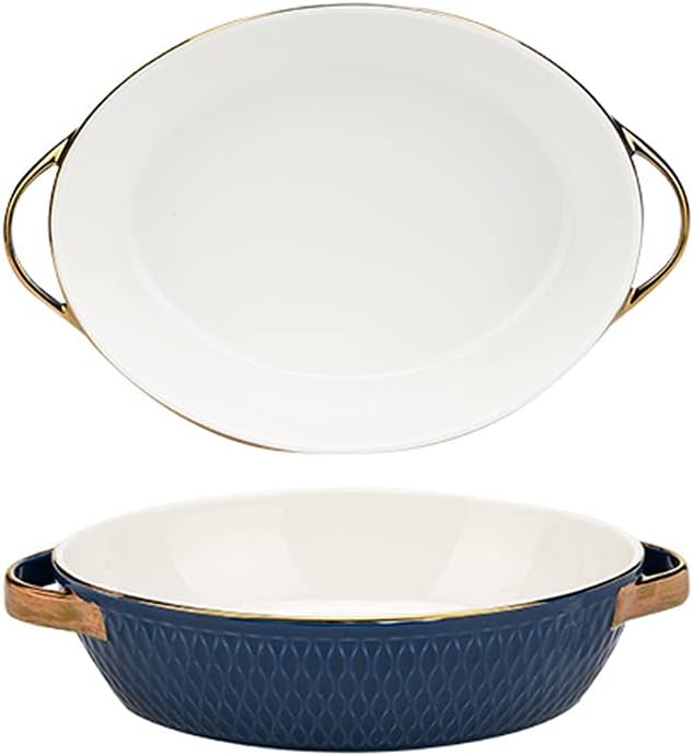 Baking Dish Set of 2 Ceramic Baking Dish Round Dinner Plates, Oven Safe Roasting Grill Pan with Handles Oval Dish, Food Serving Dinner Trays Bakeware (Color : Orange) (Blue)