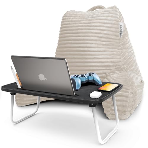 Image of Nestl Linen Reading Pillow with Bed Desk for Laptop and Writing, Luxe Cut Plush Back Pillow for Sitting Up, Back and Arms Adjustable Support for Adult and Teens, Foldable Lap Desk for Bed 22x14 inch