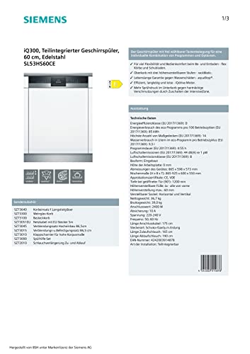 Siemens SL53HS60CE iQ300 XXL-Geschirrspüler Teilintegriert, 60 cm breit, Besteckschublade, intensivZone intensivZone mit starkem Sprühdruck, aquaStop Schutz gegen Wasserschäden, iQdrive Motor, Schwarz – Bild 8