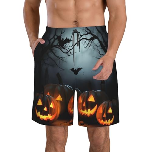 Halloween with Pumpkins Men's Swim Trunks Quick Dry Board Shorts with Pockets Casual Drawstring Beach Shorts