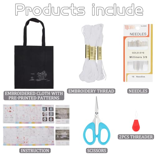 Image of FREEBLOSS Sashiko Mushroom Canvas Bag Sashiko Kit with Full Sashiko Supplies Embroidery Kit with Instructions Sashiko Thread and Needles Hand Sewing Kit for Adults Beginners, Navy Blue