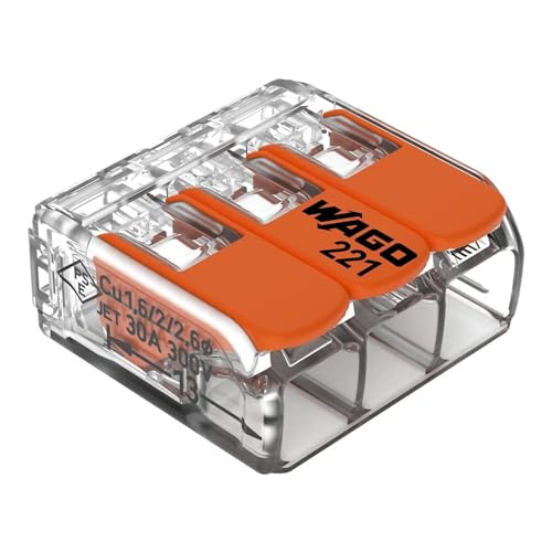 WAGO COMPACT Splicing Connector; all conductor types; max. 6 mm²; 3-conductor; with levers; transparent housing; Surrounding air temperature: max 85°C (T85); 6,00 mm²; transparent, 221-613 (30 pcs)