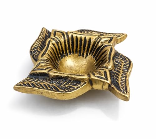 Image of Pure Solid Brass Diya for Pooja (100g) | Small Oil Lamp for Mandir | Antique Gold Floral Diya | Diwali Decoration, Home Temple Decor, Traditional Puja Deepam, Return Gift Item