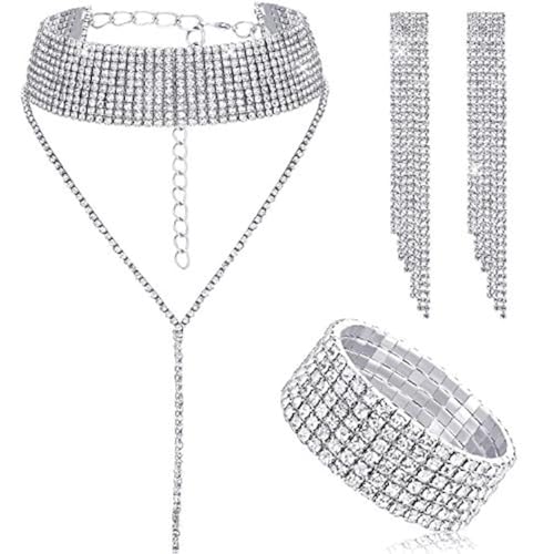 Hicarer 3 Pieces Women Rhinestone Jewelry Set Rhinestone Tassel Choker Necklace Fringe Bracelet Crystal Dangling Earring for Wedding Bridal Party