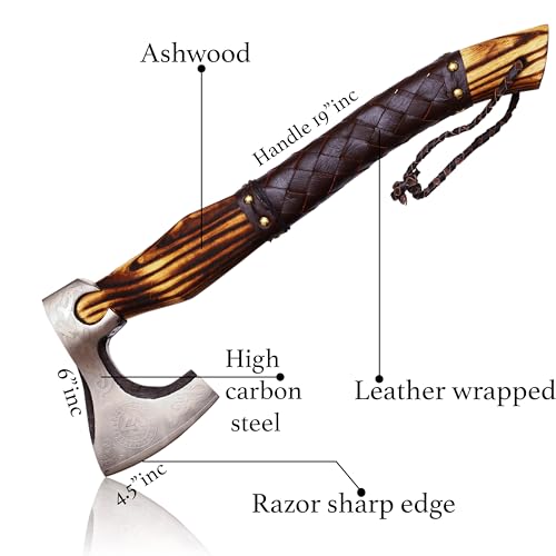 Foto von CraftTal-Wikingeraxt handgefertigt mit lederumwickeltem,48 cm EschenholzGriff,Klinge aus 1095 Kohlenstoffstahl, 11,5 cm Klingenschneide, 15 cm Klingenbreite LARP Geschenkbar
