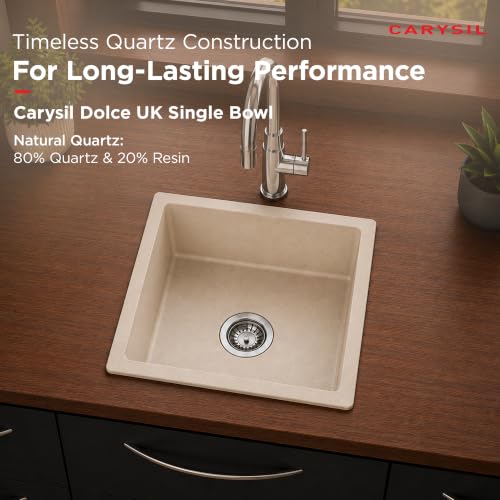 Image of Carysil DOLCE UK Quartz Kitchen Sink 15 x 18 x 8 inches, Single Bowl, 80% Quartz & 20% Resin, Heat Resistant 300C, 50kg Load, Scratch & Stain Resistant, Granite Sink, 304 SS Coupling - Cream
