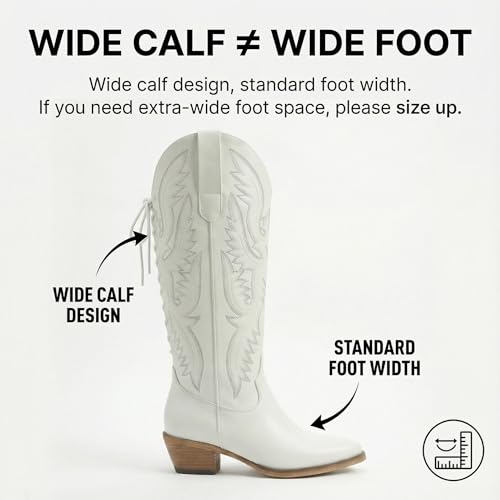 Uillnoodu White cowgirl boots women extra wide calf Adjustable Lace Up Knee High tall plus size cowboy boots western style Comfortable 2-inch heel Size 8 Wide