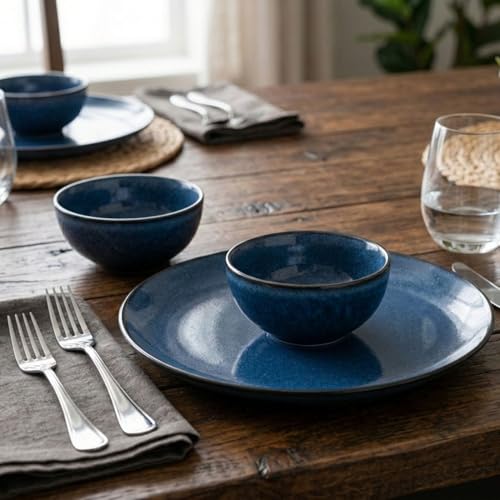Image of Freakway Premium Reactive Glaze Dinner Set, Midnight Blue, Stoneware, 12 Piece, 6 Dinner Plates and 6 Serving Bowls, Round, Speckled Finish