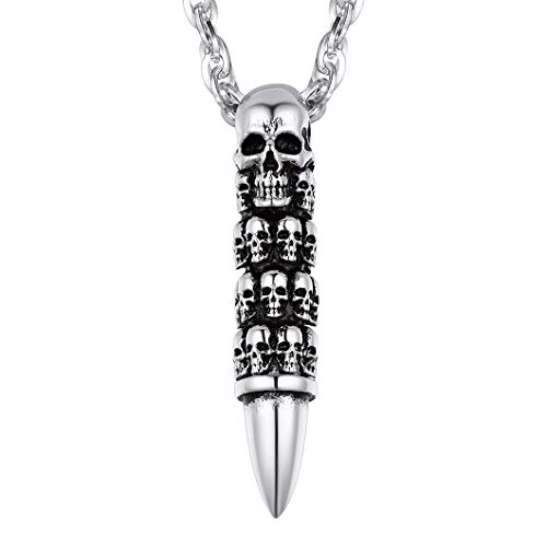 Richsteel Collier Tête de Mort Balle de Fusil Homme Pendentif Crâne Moto Gothique en Acier Inoxydable avec Chaîne Réglable 55+5 cm Bijoux Hip Hop Punk pour...