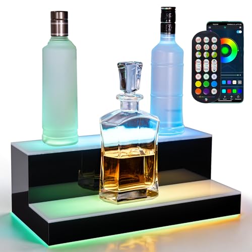 GOH&FTY LED Lighted Liquor Bottle Display Shelf,APP 16 inche 2Step LED Bar Shelves with Wireless Remote& Multicolor LED Light,Bar Stand for Home Bar Accessories