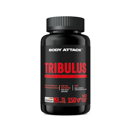 Body Attack Tribulus mit 2400mg Tribulus Extrakt - hochdosierte & natürliche Kapseln mit Testosteron und Zink, Made in Germany, 75 Portionen - 150 Maxi Caps
