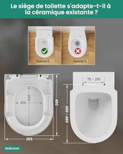 Abattant de WC antibactérien avec système d'abaissement automatique - Blanc RCS Blended - 46 x 36,5 cm -forme de D - Ouv