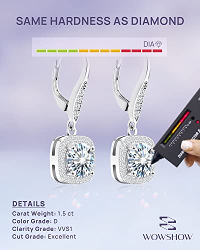 Wowshow Moissanite Earrings, Leverback Earrings For Women 925 Sterling Silver 3Ct Moissanite Diamond Dangle Drop Earrings Cushion Halo White Gold Plated For Girls Birthday Wedding Mothers Day Gifts #TOP3