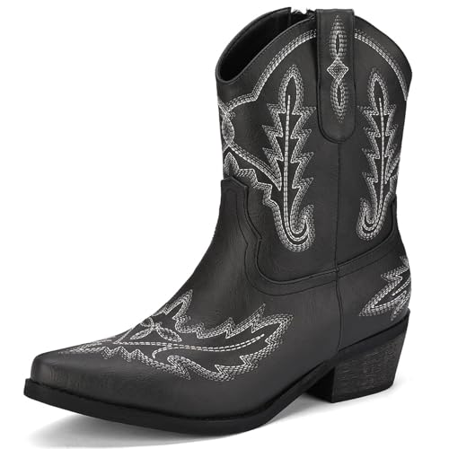 Image of Western Cowboy Boots for Women Rhinestone Cowgirl Boot with Low Block Heel Embroidery Sparkly Short Ankle Booties Walking Bootie for Country Concert Disco Outfits
