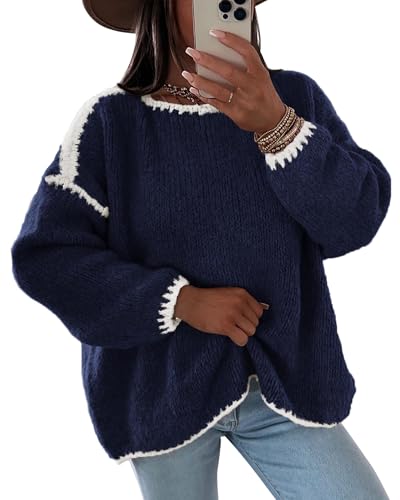 KIRUNDO Womens Sweaters 2026 Fall Oversized Long Sleeve Chunky Knit Crew Neck Contrast Stitching Pullover Winter Clothes(Royal Blue, Medium)