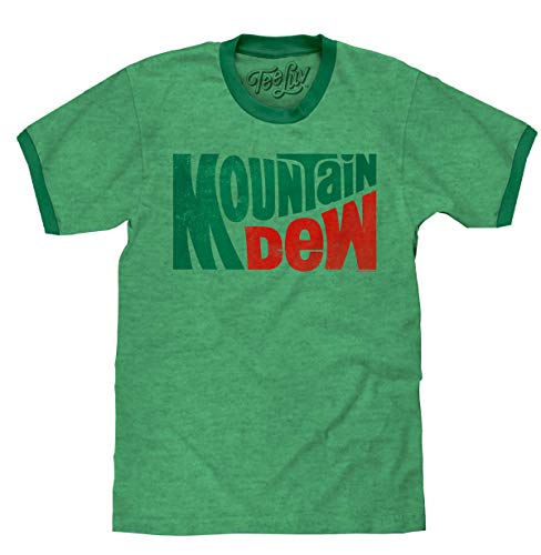 Tee Luv Mountain Dew T-Shirt - Vintage MT Dew Ringer Tee Shirt (Medium) Green Heather/Kelly
