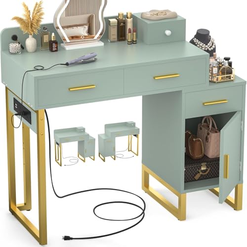 iSunirm Tocador con Cajón Grande y Armario,Tocador de Maquillaje,3 Cajones,Mesa de Escritorio Tocador con Mueble Reversible Moderno para Dormitorio,90x40x135cm,Verde