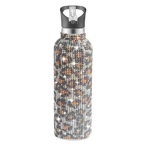 Ruinapleco Bling Water Bottle Rhinestone, Diamond Water Bottle with Lid, Rhinestone Water Bottles for Women,Bling Tumblers 600ml（20oz,Leopard Gold