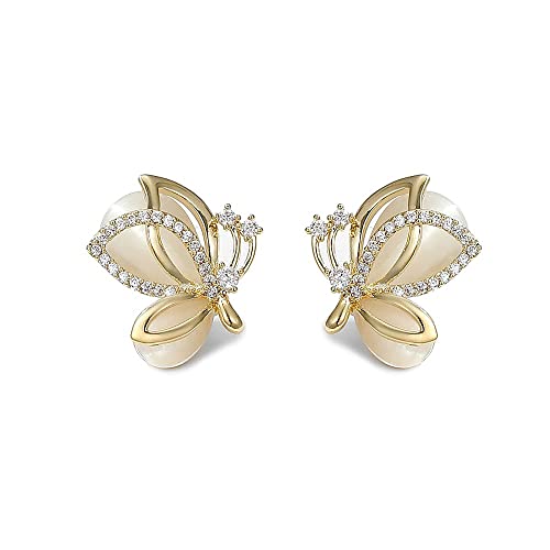 Elegant CZ Butterfly Earrings Crystal Cat's Eye Stud for Women Gold-Tone 925 Sterling Silver Post Pin Hypoallergenic Piercing Jewelry Dainty Wedding Birthday Prom Party Gifts