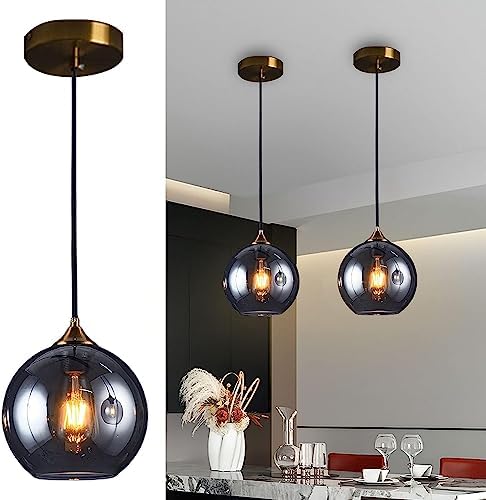 Lampe Suspendue Noire Moderne, Boule de Verre fumé, Plafond de Fe...