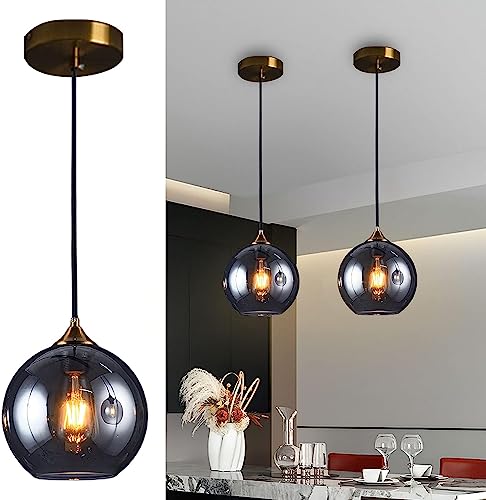 SWEMOPP Lampe Suspendue Noire Moderne, Boule de Verre fumé, Plafond de Ferme, Lustre Industriel Vintage en Verre ambré chromé pour Salle à Manger, Cuisine, île, Restaurant, Bar, café