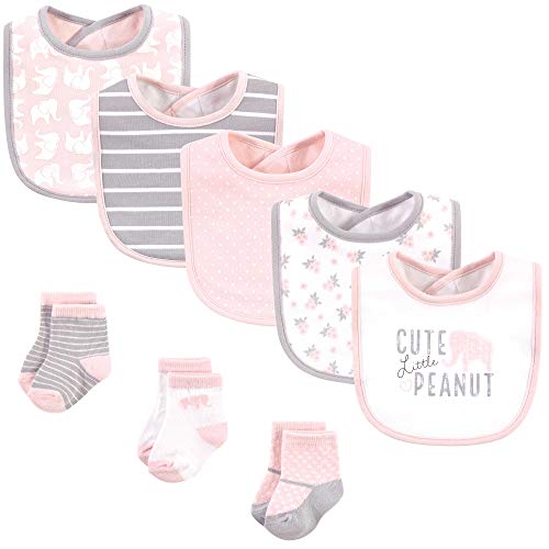 Hudson Baby Unisex Baby Cotton Bib and Sock Set, Pink Elephant, One Size