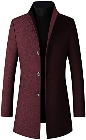 QUNPIU Men's French Woolen Coat Business Down Jacket Trench Topcoat Long Wool Blend Overcoat Slim Fit Stand Collar Coats