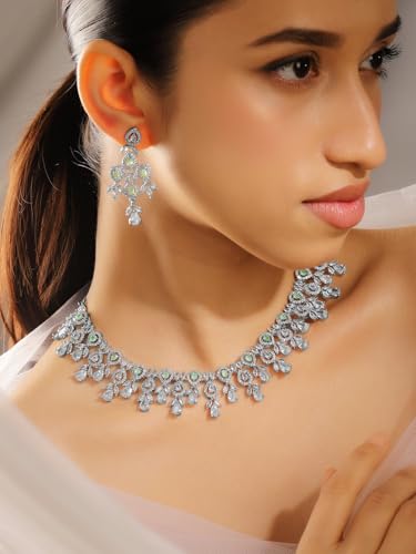 Image of Rubans Necklace Set American Diamond Zirconia Studded Traditional Jewellery Gift for Women & Girls