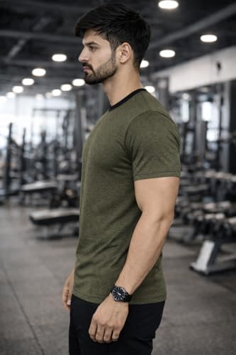 Image of Men's Solid Gym T-Shirt | Slim Fit Gym & Training Tee | Breathable Stretch Fabric | Round Neck Sports Wear for Workout