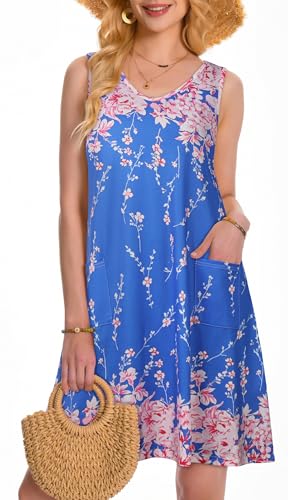 Image of elescat Womens Summer Dresses Casual V Neck Sleeveless Pockets Beach Loose Tank Sundress 2026