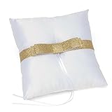 Gartner Studios Gold Glitter Bow Ring Bearer Pillow, White Satin, 7.5” x 7.5” (22038)