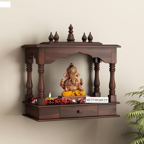 Image of Wall Mounted Solid Sheesham Wood Puja Mandir for Home Solid Wooden Temple for Puja Room with 1 Drawer Storage Pooja Ghar Wooden Furniture for Pooja Room Sheesham Wood, Walnut Finish (Walnut, 1 Drawer)