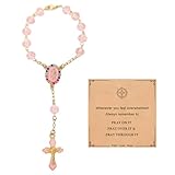 Christliche Geschenke, Religiöser Glücksbringer mit Karten, Rückspiegel Anhänger mit Kreuz, Rosenkranz Auto Zubehör Innenraum Frauen für Christen, Gläubige, Fahrer, Freunde, Taufe, Hochzeit(Rosa)